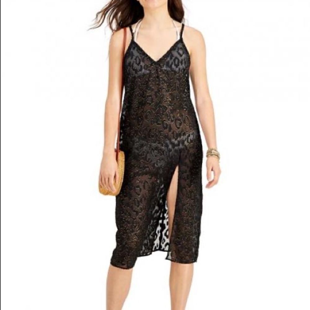 Miken Juniors' Lurex Animal-Print Midi Cover-Up Dress Black Small NWT